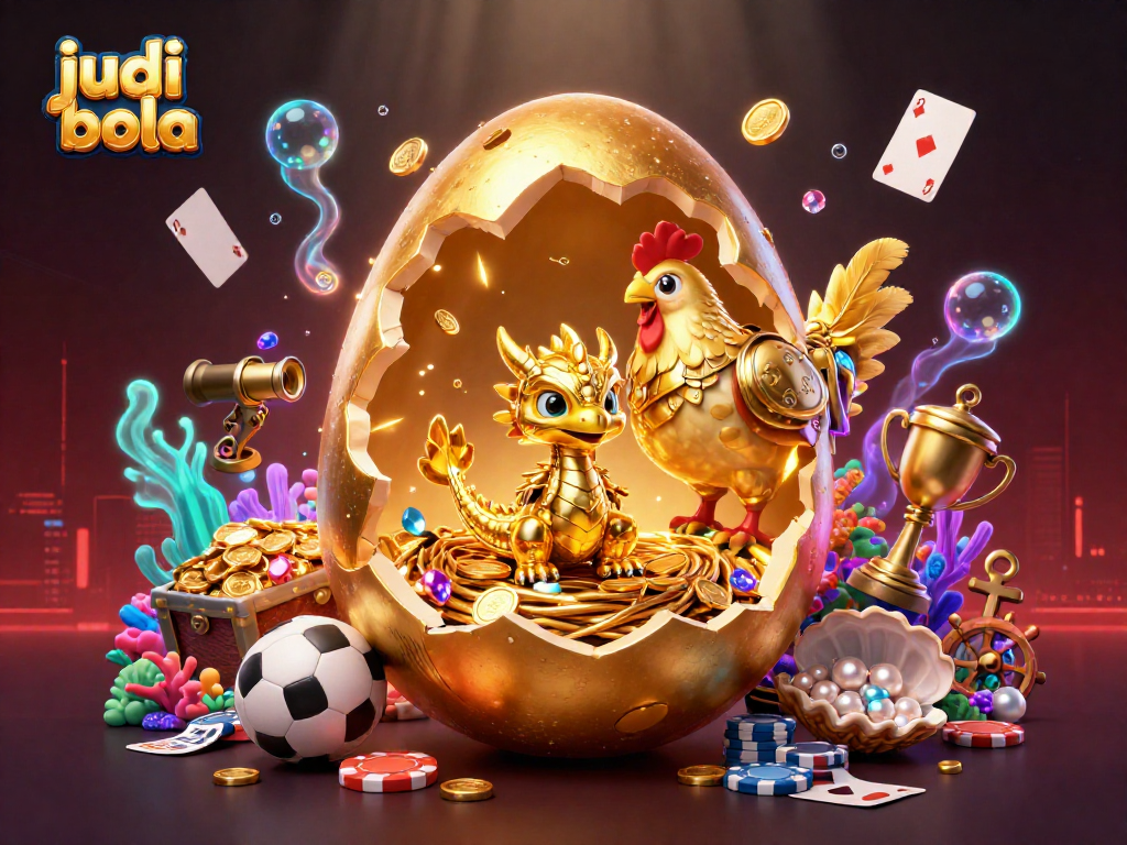 Engage in judi bola betting with a striking visual of a golden egg revealing treasures amidst dynamic gaming elements.