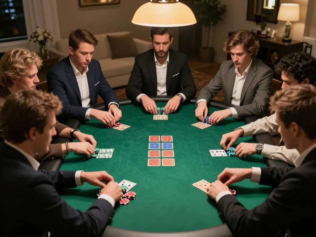 Players at 99win focused on a thrilling poker game with colorful chips and community cards visible.
