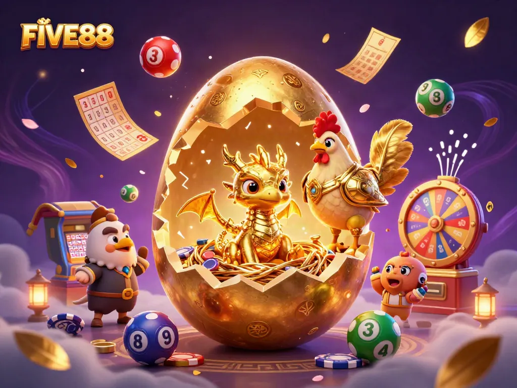 Experience the excitement of FIVE88 as a golden dragon emerges from a casino-themed golden egg surrounded by vibrant gaming elements.