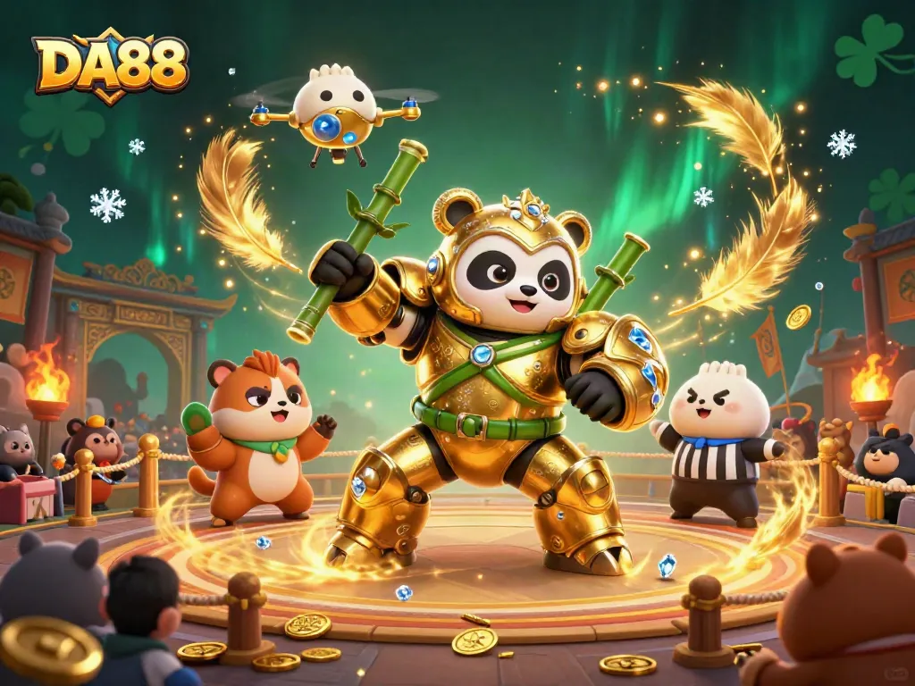 Engage with DA88’s vibrant casino experience featuring a golden panda in action with dynamic elements.
