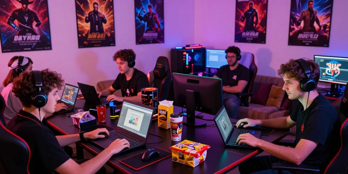 Enjoying free porn games in a vibrant online gaming setup with friends.