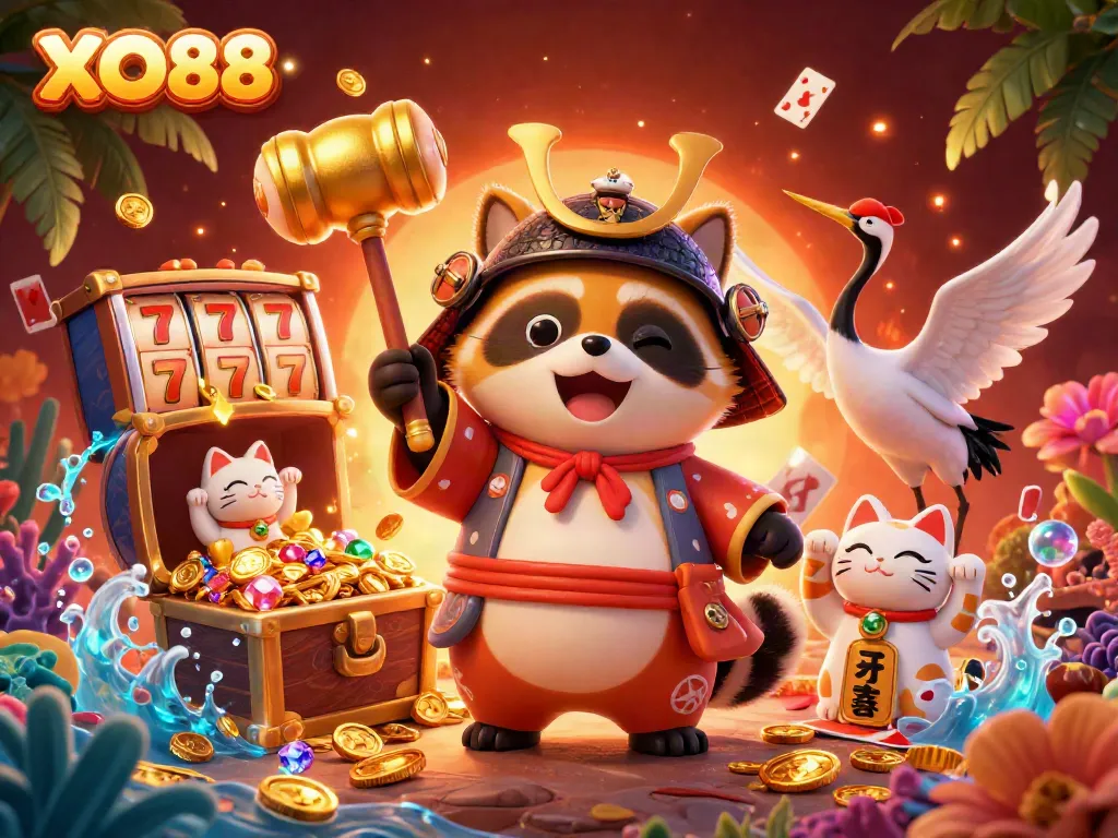 Engage with exciting gambling action at XO88 featuring a cheerful tanuki and vibrant casino elements.