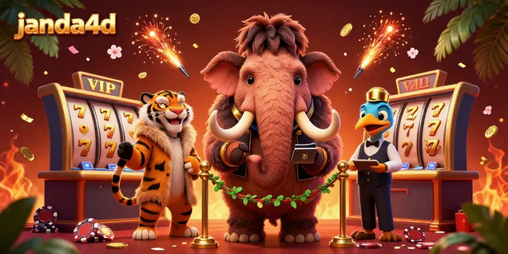 Gambaran janda4d dengan bouncer mammoth, tamu VIP, dan doorman, suasana kasino yang meriah.