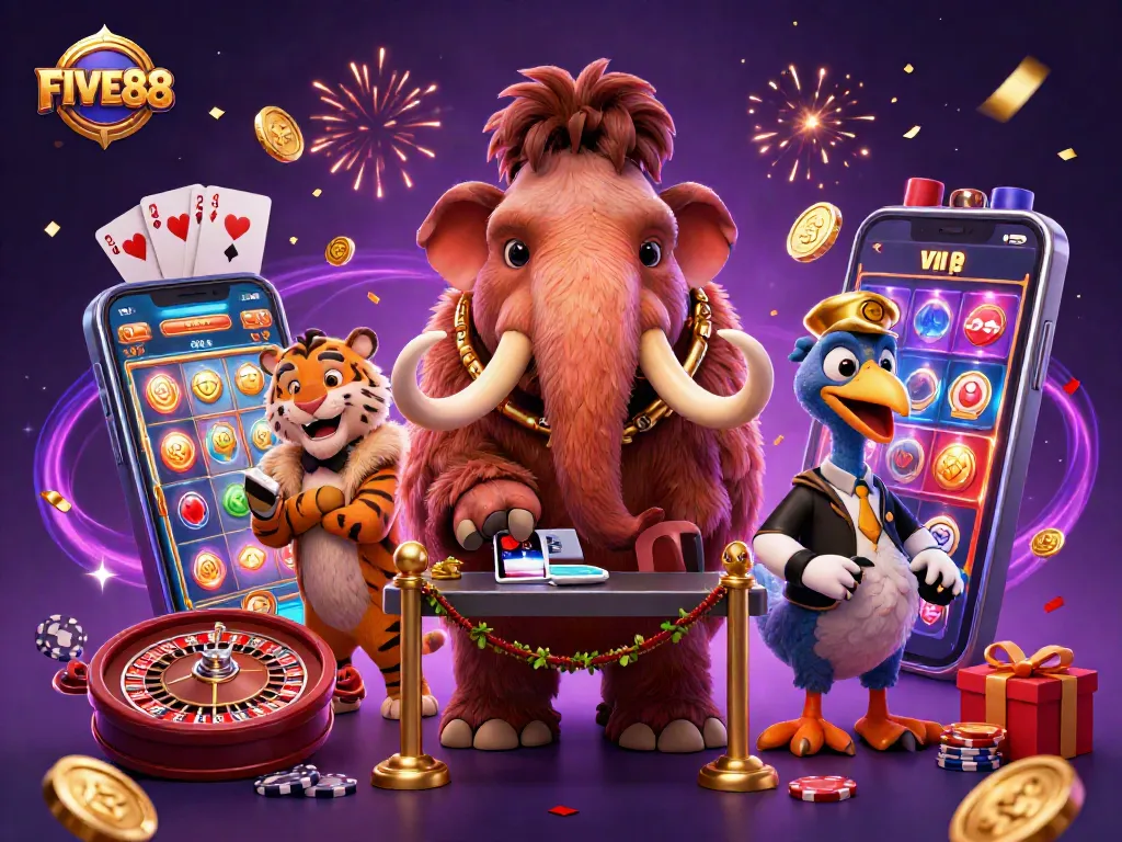 Experience the excitement of FIVE88 with a vibrant casino celebration scene featuring unique characters.