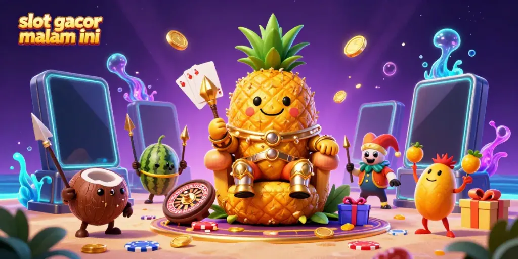 Slot gacor malam ini menampilkan raja nanas emas 3D di kasino pantai, dikelilingi elemen permainan.