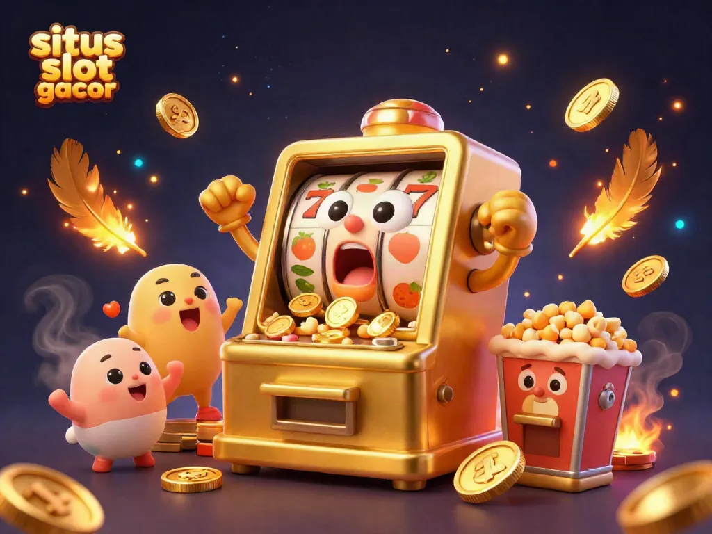 Slot gacor yang beruntung, menunjukkan jackpot mengeluarkan koin emas, bersemangat merayakan.