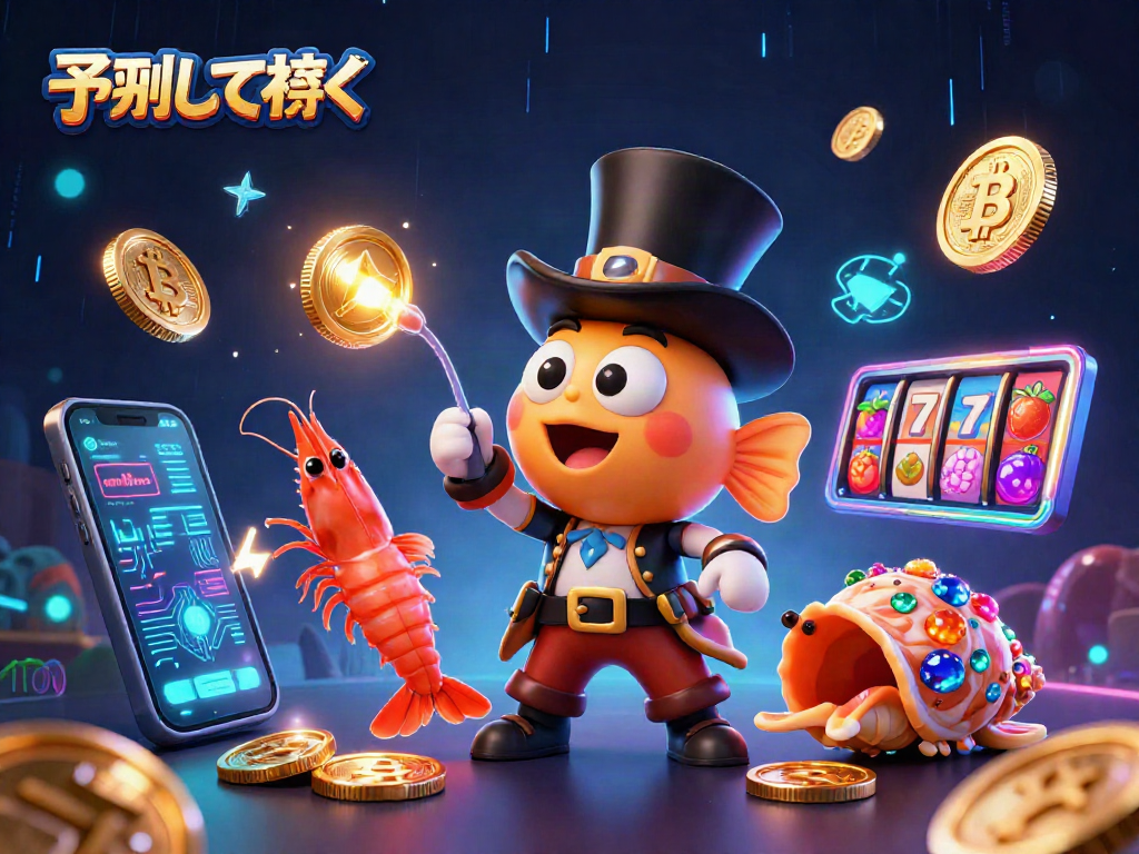 Attract golden coins with 予測して稼ぐ as a 3D anglerfish, while a shrimp and sea snail enhance the casino theme.