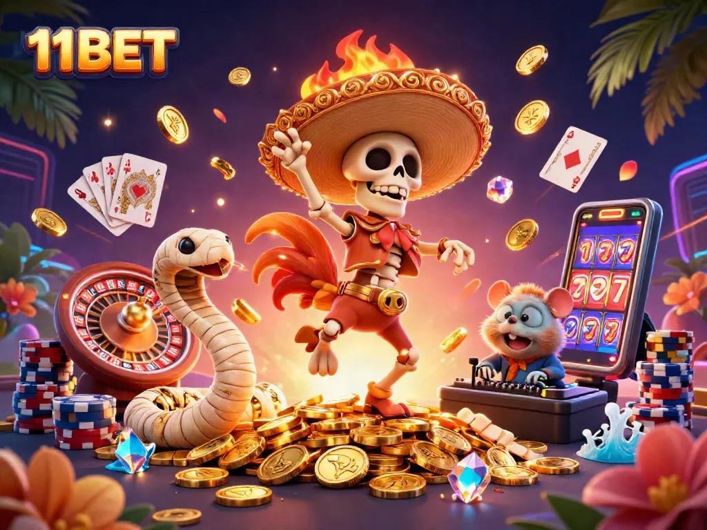Engage in fun 11BET gaming as cartoon characters celebrate atop golden coins in a vibrant casino scene.