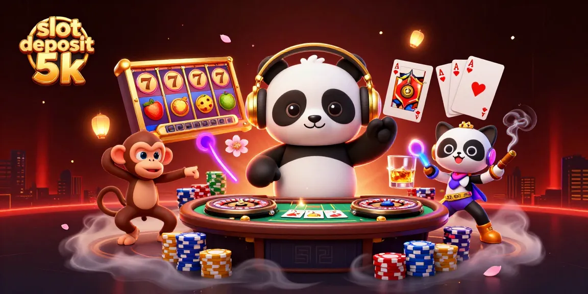 Experience thrilling action in this vibrant scene showcasing slot deposit 5k excitement with a DJ panda, breakdancing monkey, and rave kitten.