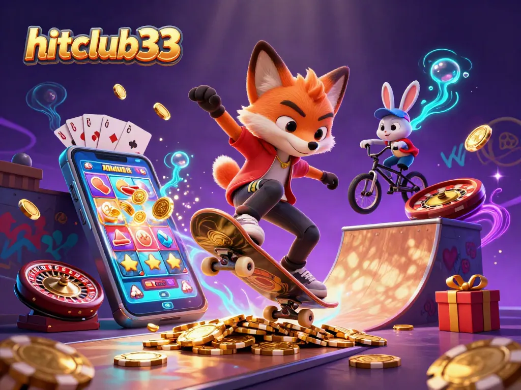 Experience thrilling adventures with hitclub33 as a fox skates over golden poker chips amidst vibrant casino elements.