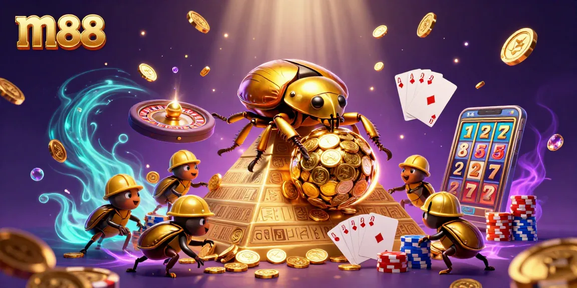 Join the excitement at m88 with golden coins cascading and dynamic casino elements in a vivid illustration.