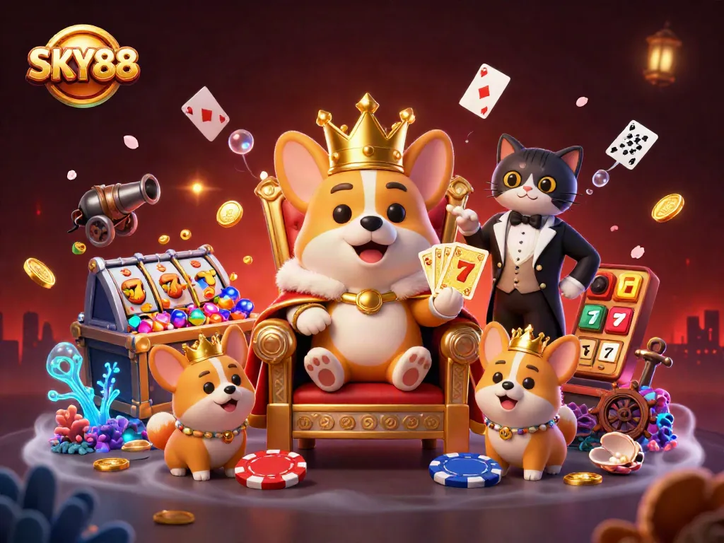 Experience the thrill of winning with SKY88 in this vibrant 3D casino illustration showcasing lively characters.