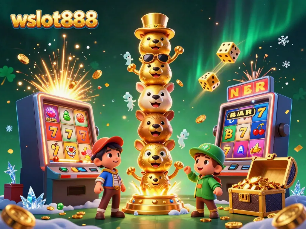 Gambarkan sensasi permainan wslot888 dengan tokoh totem emas dan mesin slot jackpot.