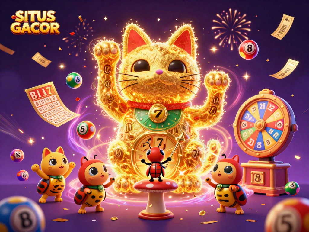 SITUS GACOR showcases a dynamic scene with vibrant lottery elements and a golden lucky cat, inviting gamers to win.