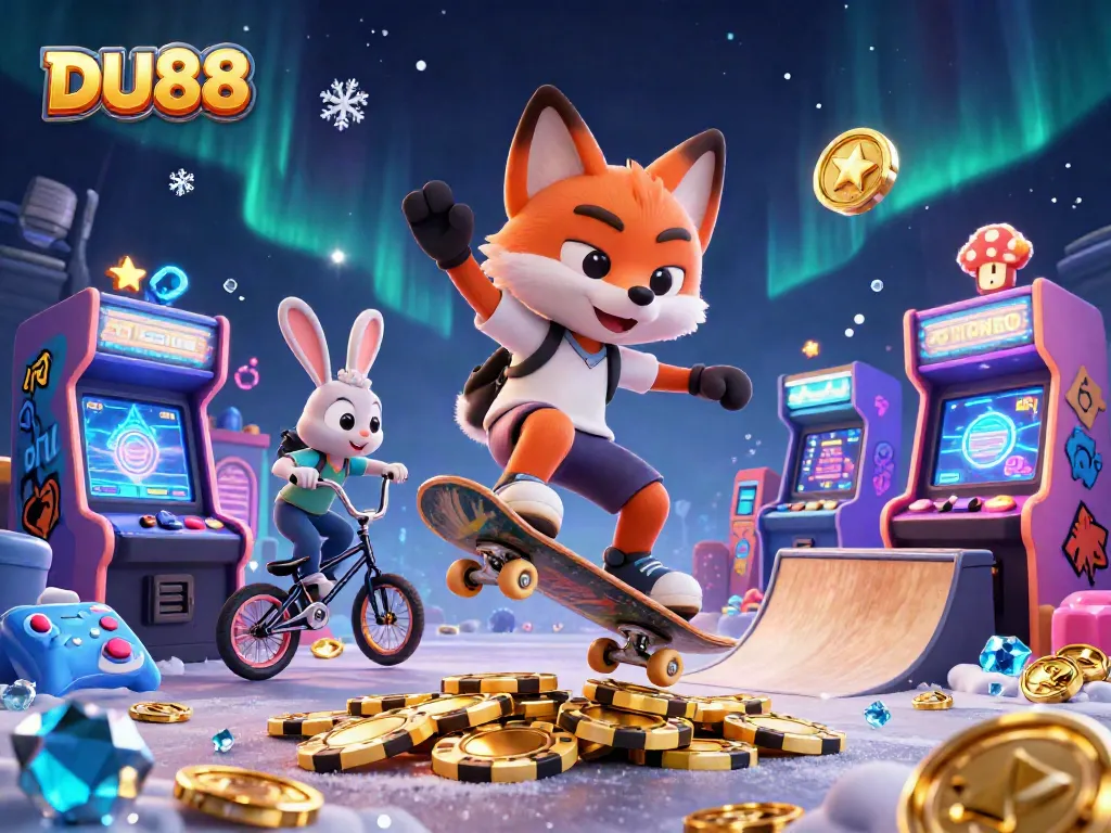 Engage with DU88's thrilling gaming experience illustrated in vibrant 3D action and casino elements.