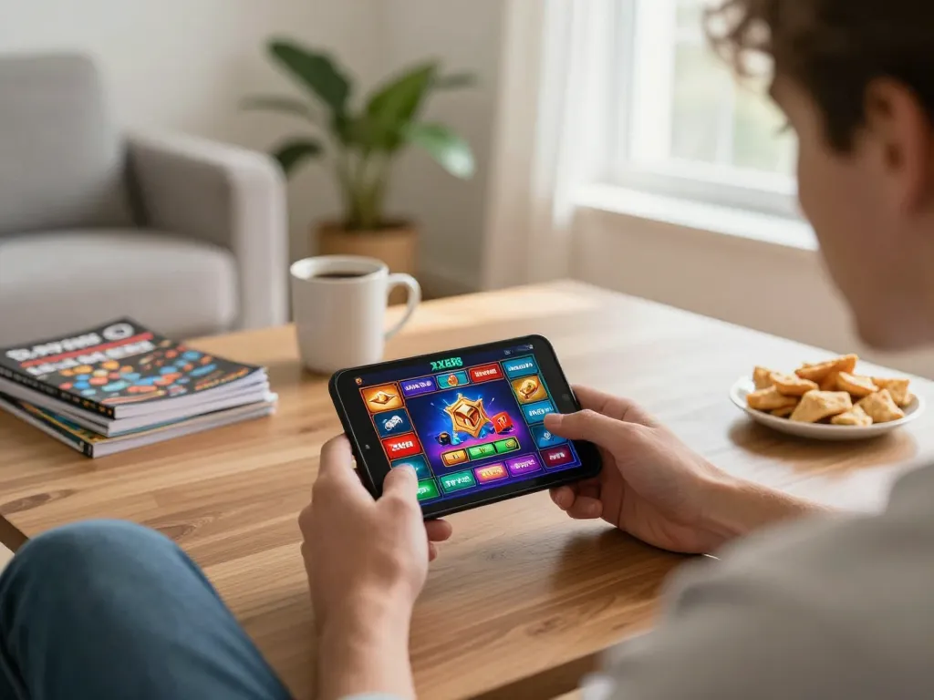 Player exploring the XX88 casino app on mobile, enjoying a cozy home gaming atmosphere.