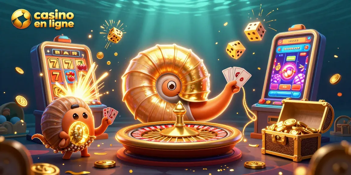 Jeu excitant dans un casino en ligne avec un nautilus géant et des machines à sous étincelantes.