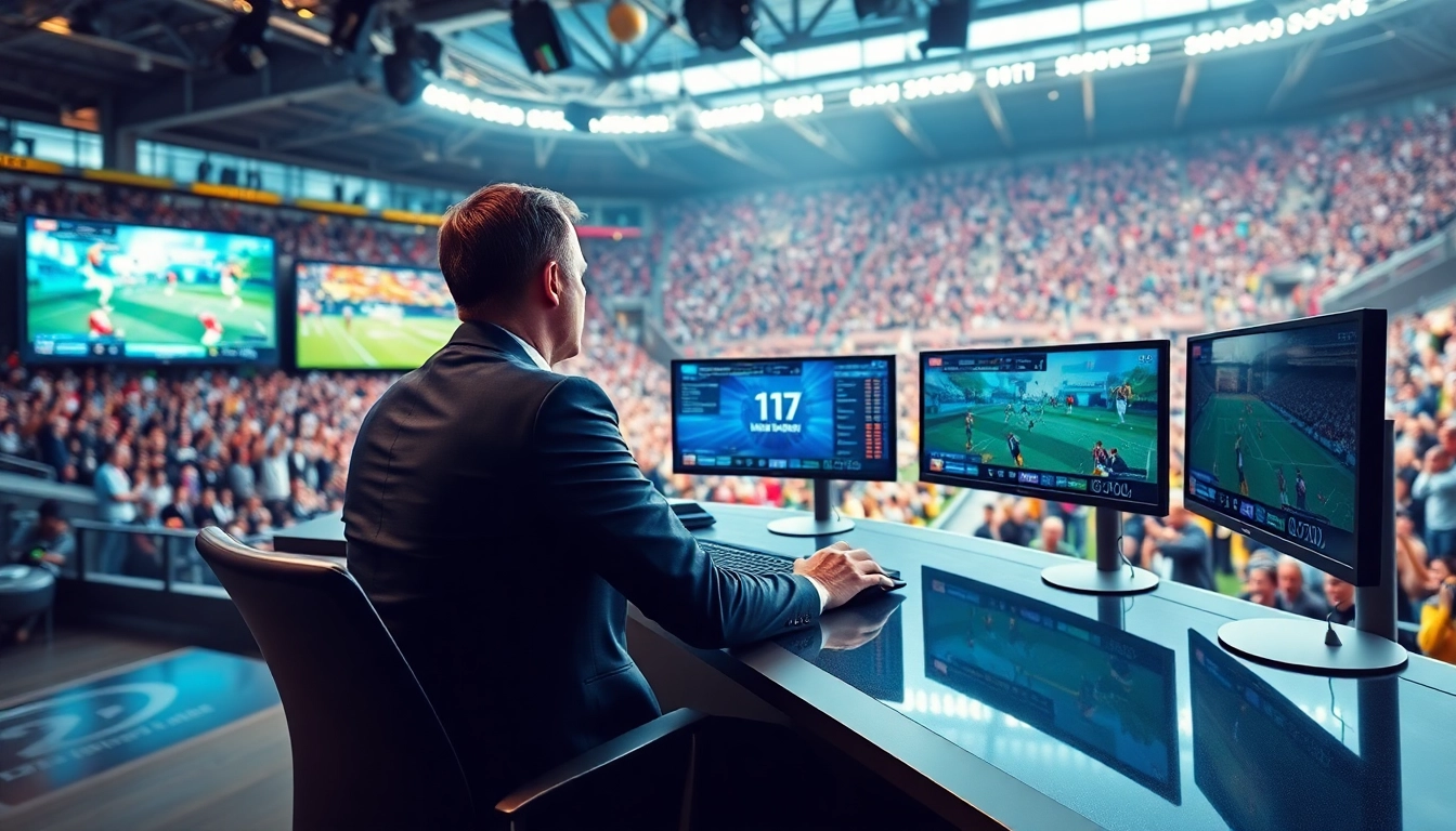 Captivating scene of Sports Broadcasting with a commentator and vibrant stadium backdrop.