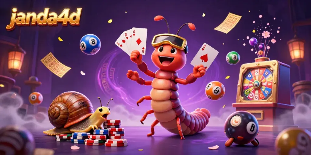 Janda4D menghadirkan dealer kartun millipede dengan banyak tangan yang memegang kartu dalam suasana Kasino yang penuh warna dan dinamis.
