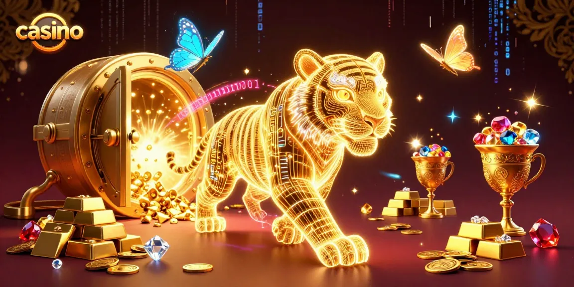 Experience the excitement of a casino with our stunning digital illustration featuring a glowing tiger and treasures.