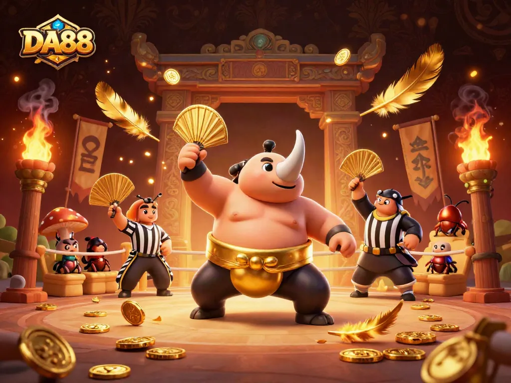 DA88 champions celebrate winning gold coins in a vibrant 3D casino showdown.