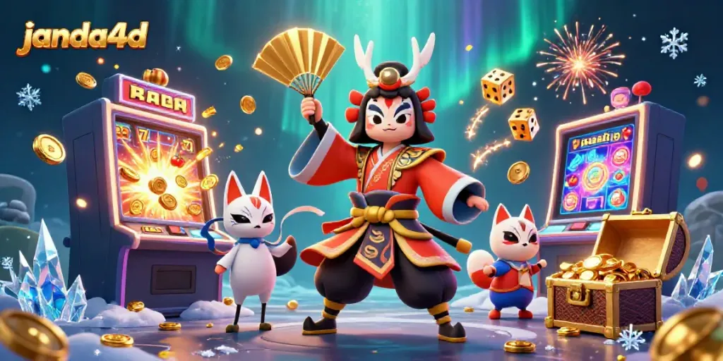 Menangkan jackpot di janda4d dengan ilustrasi kasino yang menarik, menampilkan karakter unik.