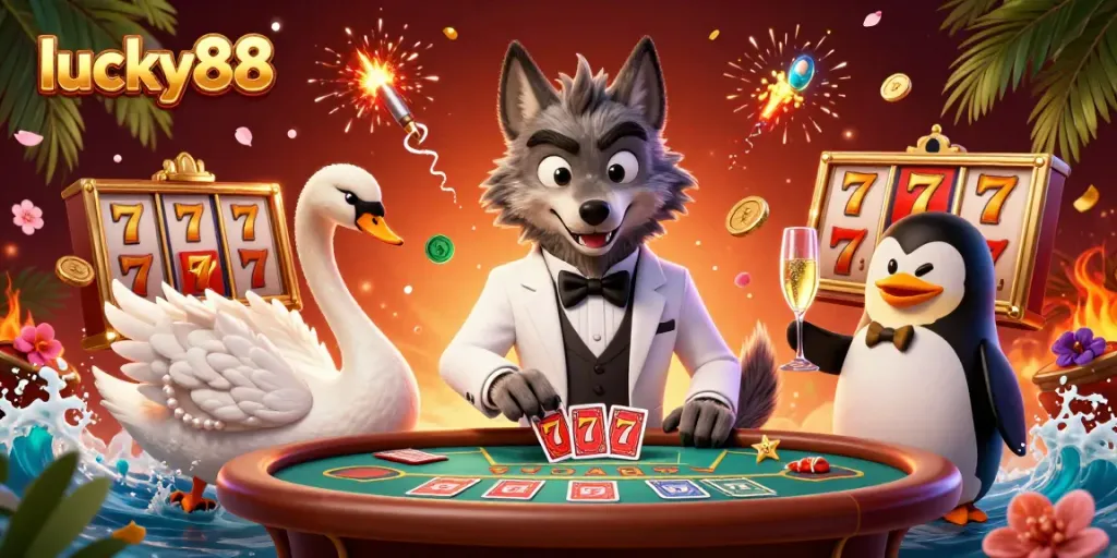 Experience thrilling gameplay and wins with lucky88 and vibrant casino-themed characters.