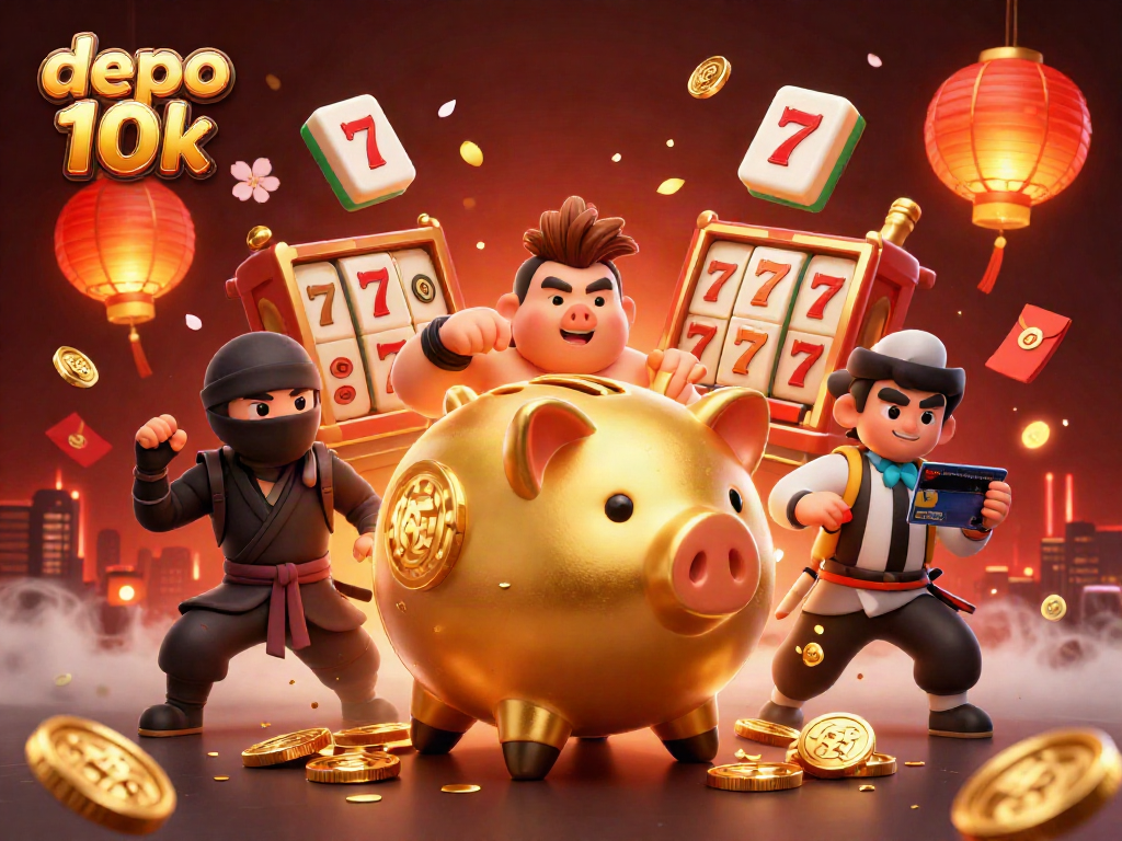 Experience the thrilling action of depo 10k with a golden piggy bank sumo wrestler and vibrant casino elements.