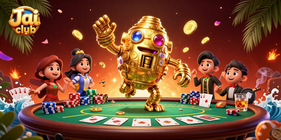 Engage with the thrilling Jai club gaming experience featuring a golden golem and poker elements.