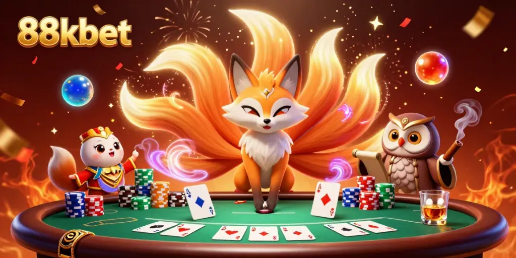 Experience the excitement of 88kbet with colorful casino spirits at a dynamic poker table.
