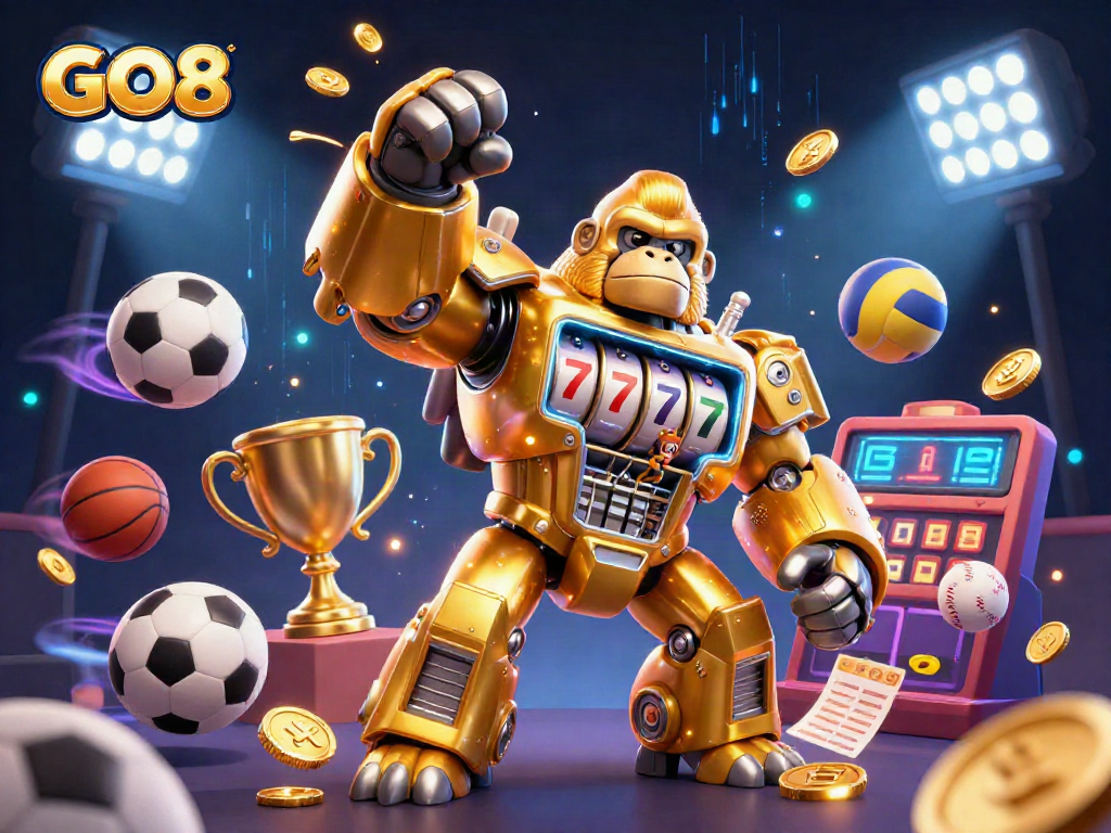 GO8 showcases a golden gorilla mech in a dynamic casino scene, blending gaming excitement.