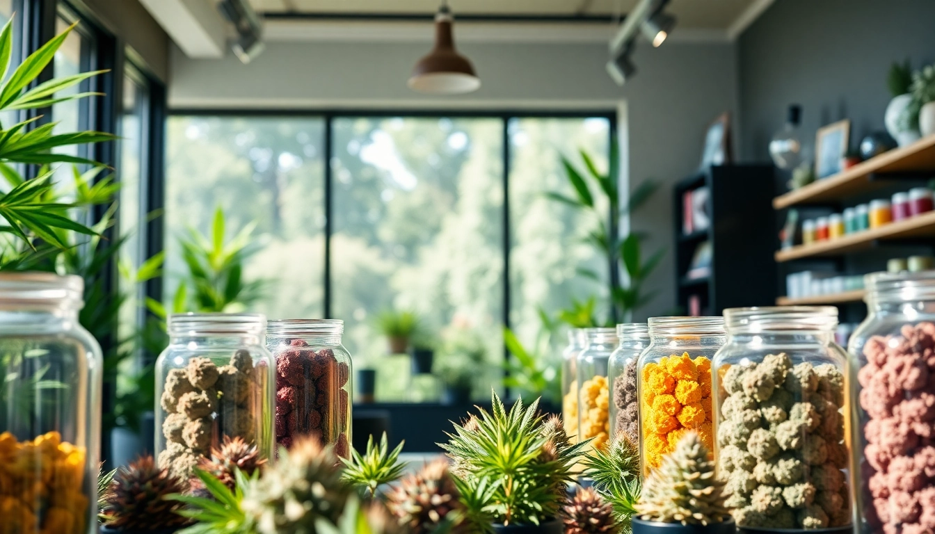 Showcase of marijuana for sale in a welcoming boutique with vibrant products and natural lighting.