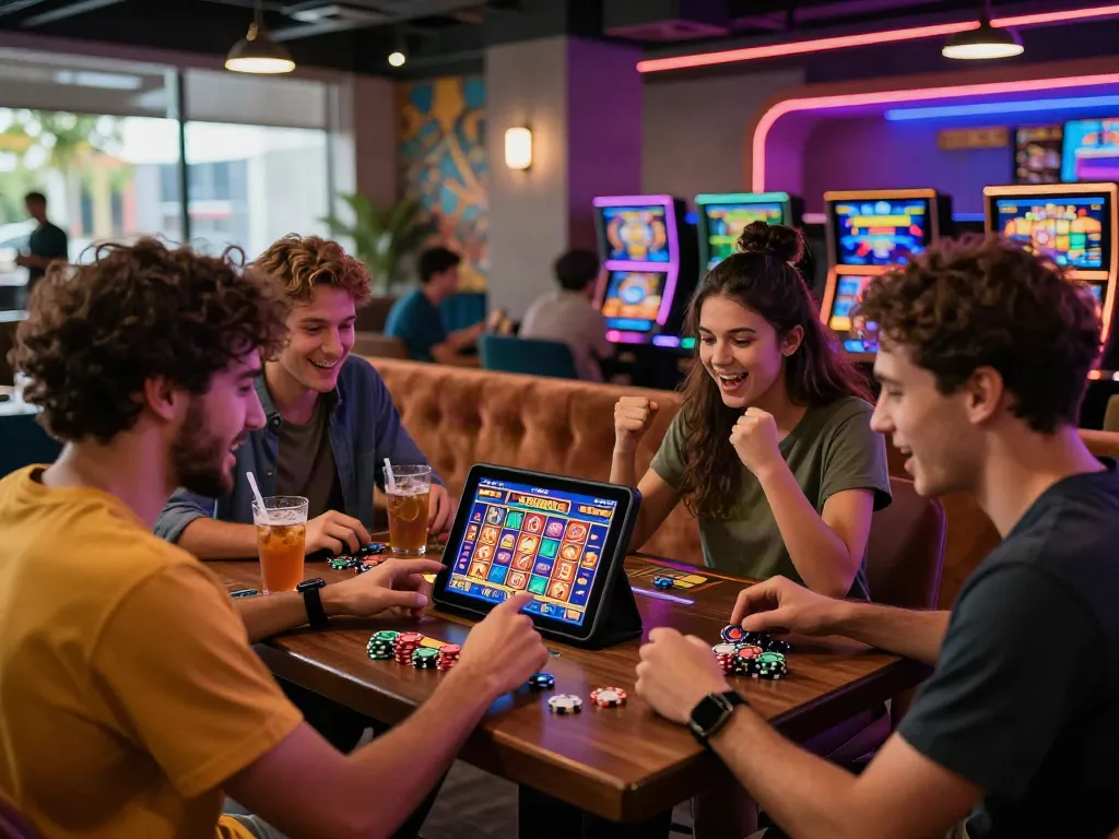 Engaged friends excitedly playing slot gacor games in a modern online casino lounge.