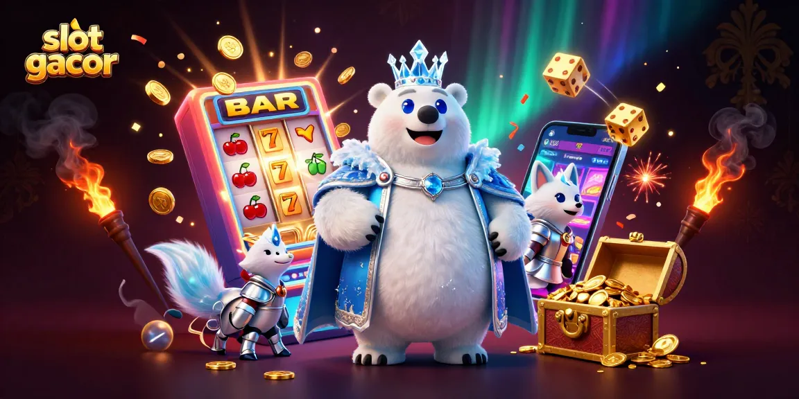 Experience thrilling gameplay with slot gacor as the icy polar king and fox unveil jackpot treasures amid a vibrant casino scene.