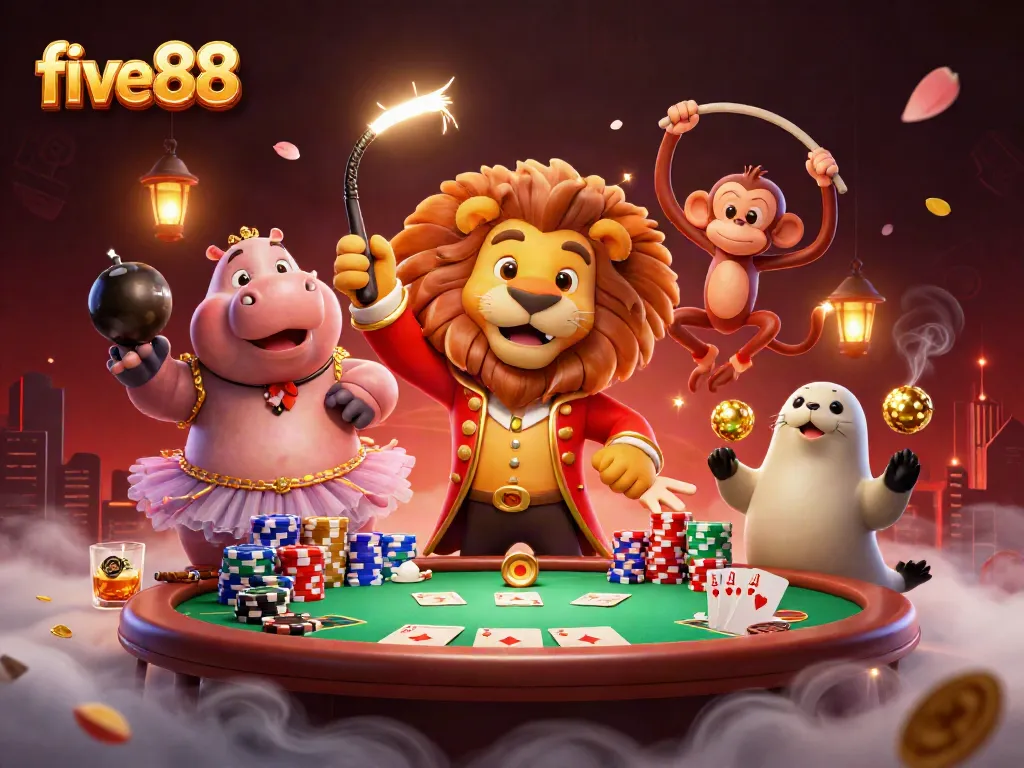 Experience the excitement of five88 with this vibrant casino scene featuring unique characters and rich game elements.