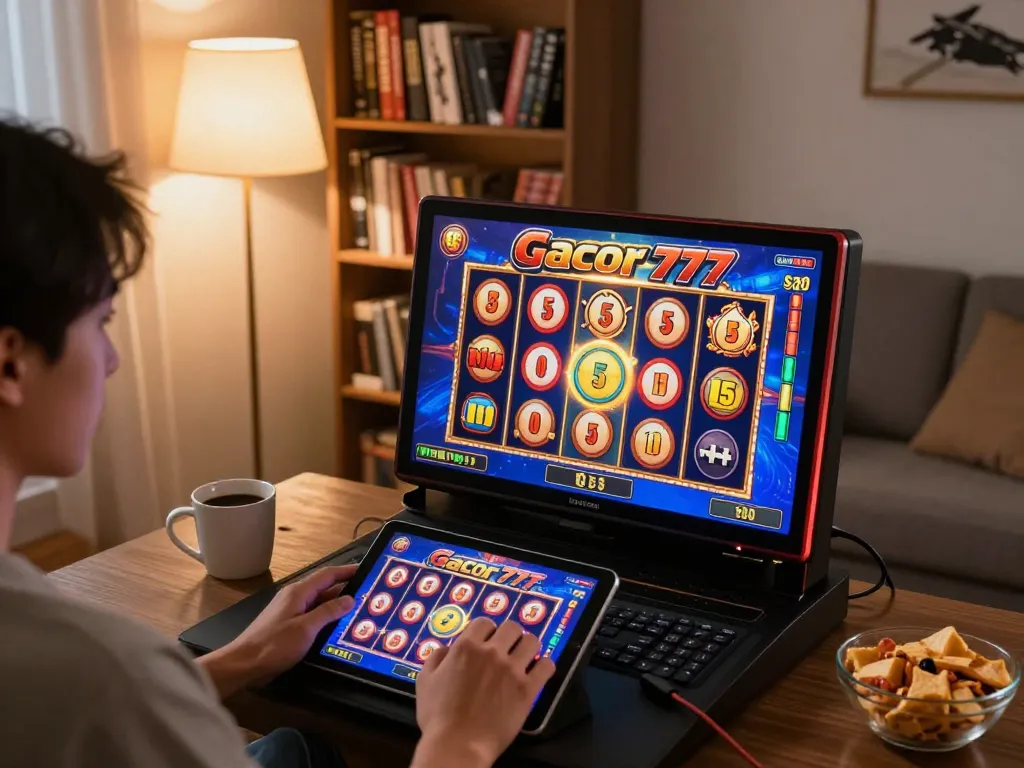 Player enjoying the thrill of wins on slot gacor 777 at home with engaging tablet gameplay.