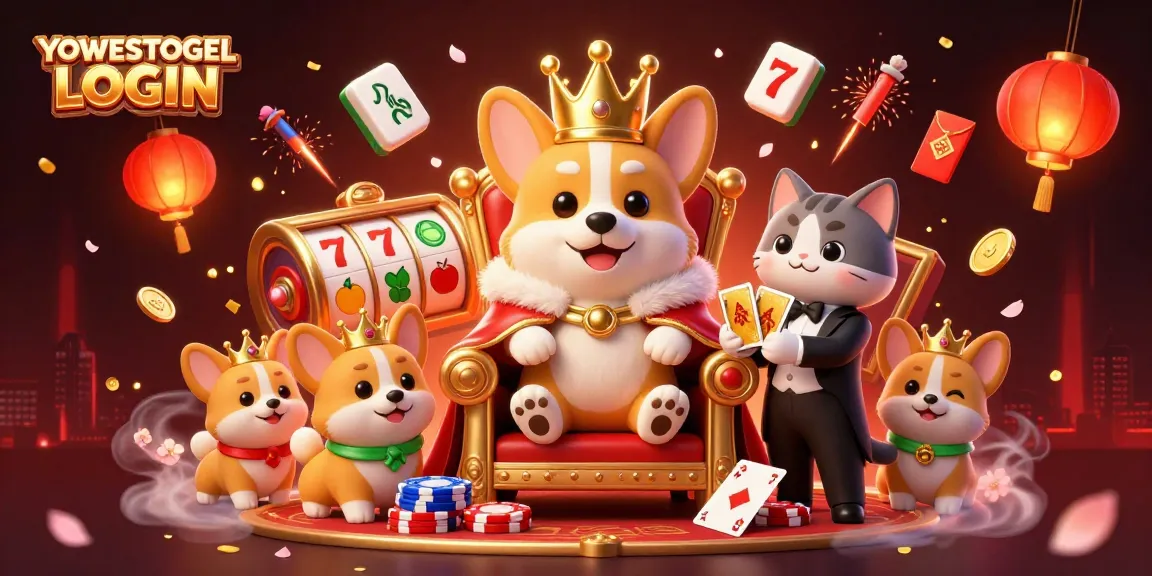 Engage with YOWESTOGEL LOGIN in a vibrant casino scene featuring royal corgis and slot machines.
