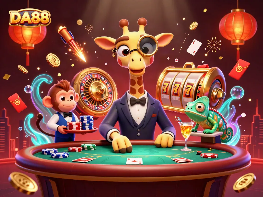 Experience thrilling gameplay with DA88 at a vibrant poker table featuring colorful characters.