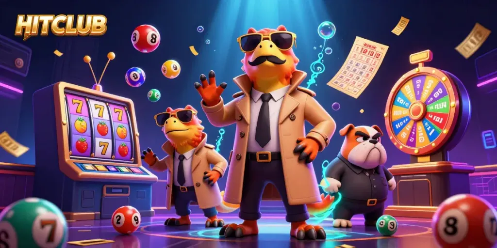 HITCLUB raptors in a trench coat sneak into the casino lounge amidst vibrant gaming elements and lottery excitement.