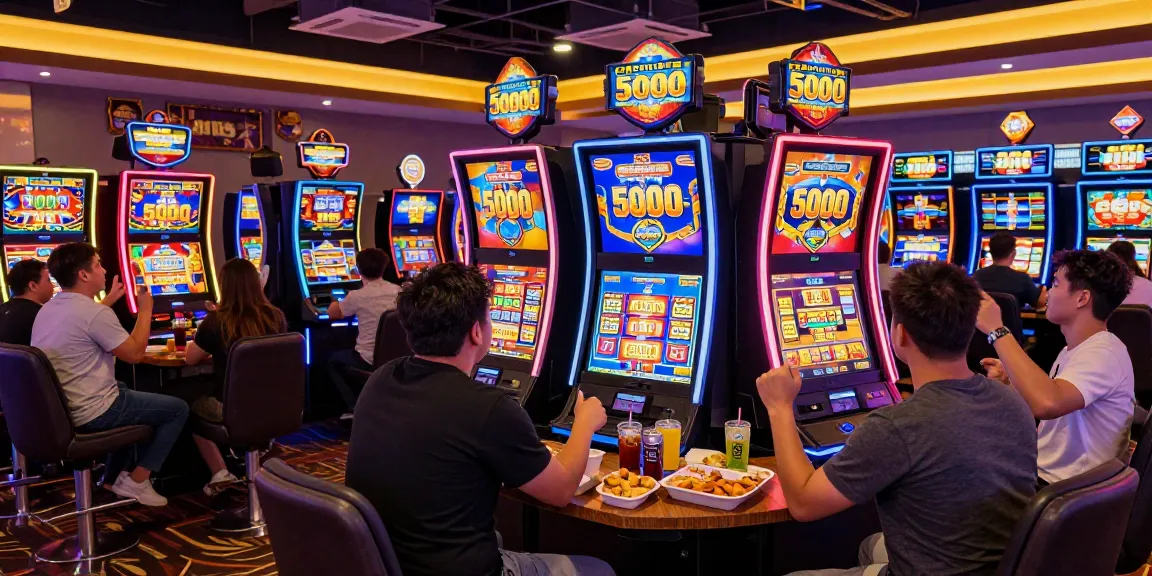 Engaging scene of players enjoying slot depo 5000 games in a lively casino environment with vibrant slot machines and exciting atmosphere