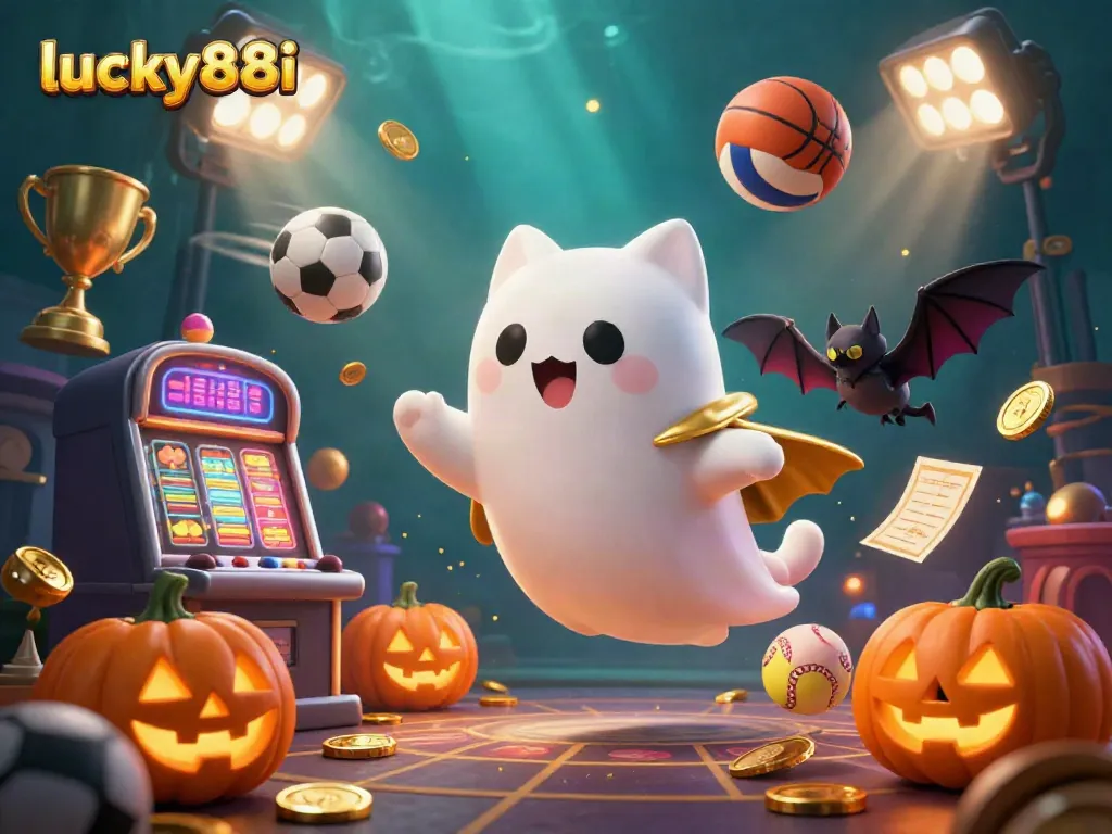 Engage with lucky88i's dynamic casino experience featuring a ghost cat, vampire bat, and glowing pumpkins.