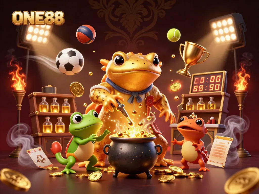 ONE88's dynamic illustration showcases a golden salamander alchemist amidst coins and sports balls, captivating gamblers.