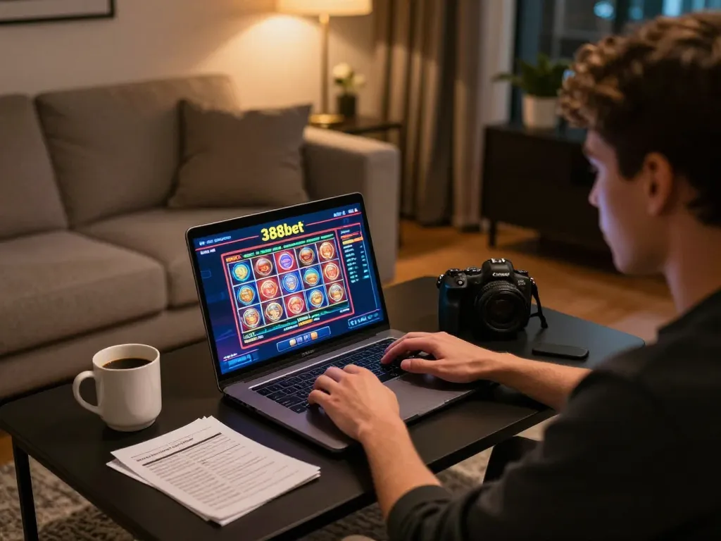 Player placing bets on 388bet slots in a cozy home setup, highlighting responsible gaming.