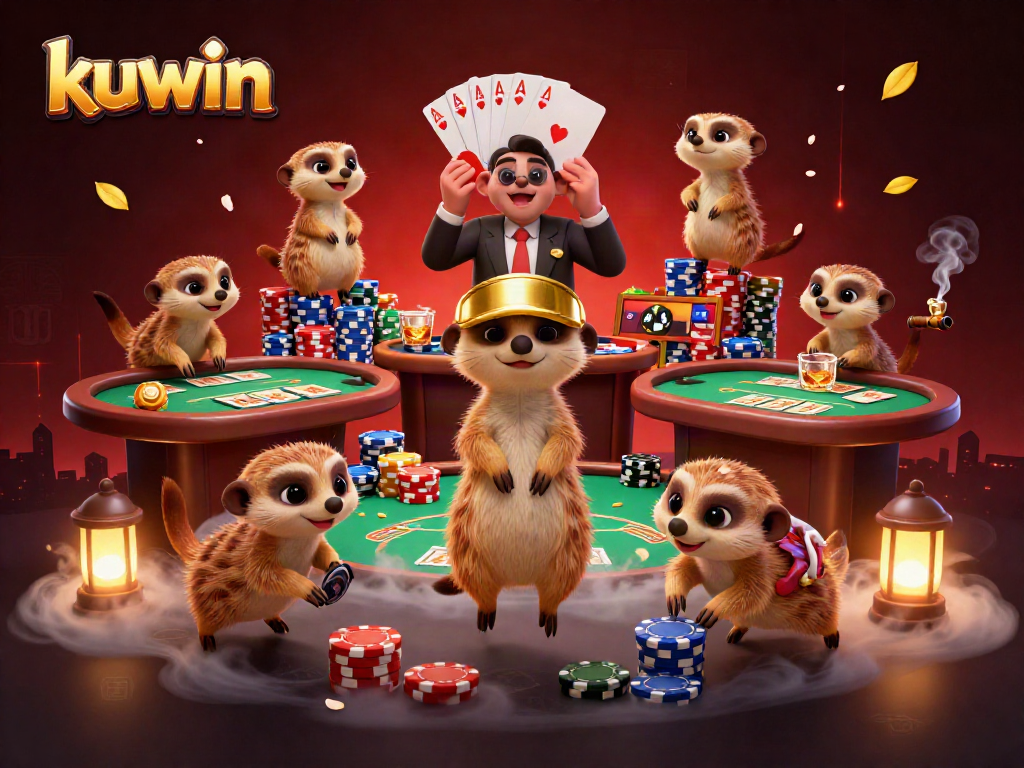 Kuwin meerkats orchestrating an exciting casino operation with vibrant poker elements