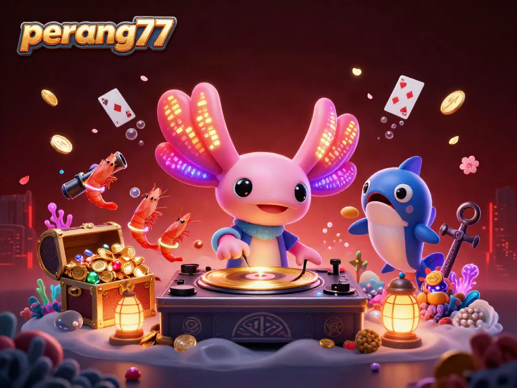 PERANG77 menyajikan ilustrasi 3D kasino yang ceria dengan elemen permainan penuh warna.