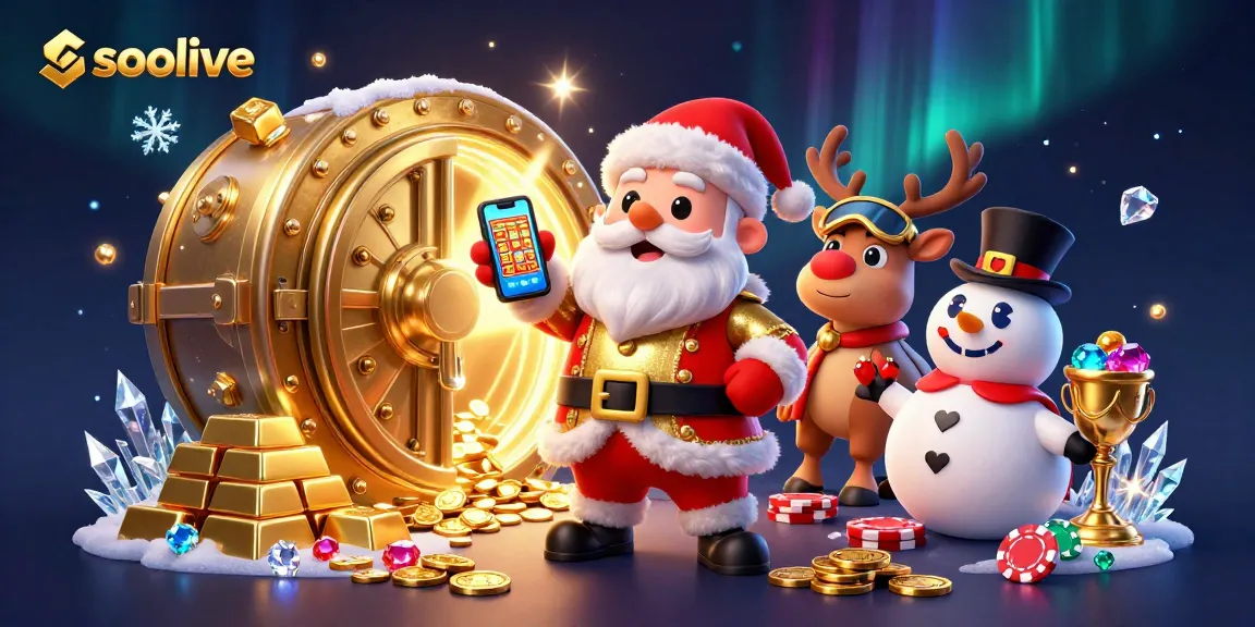 Socolive brings excitement to gamblers with smartphone and jackpot slots as Santa, reindeer, and snowman celebrate.