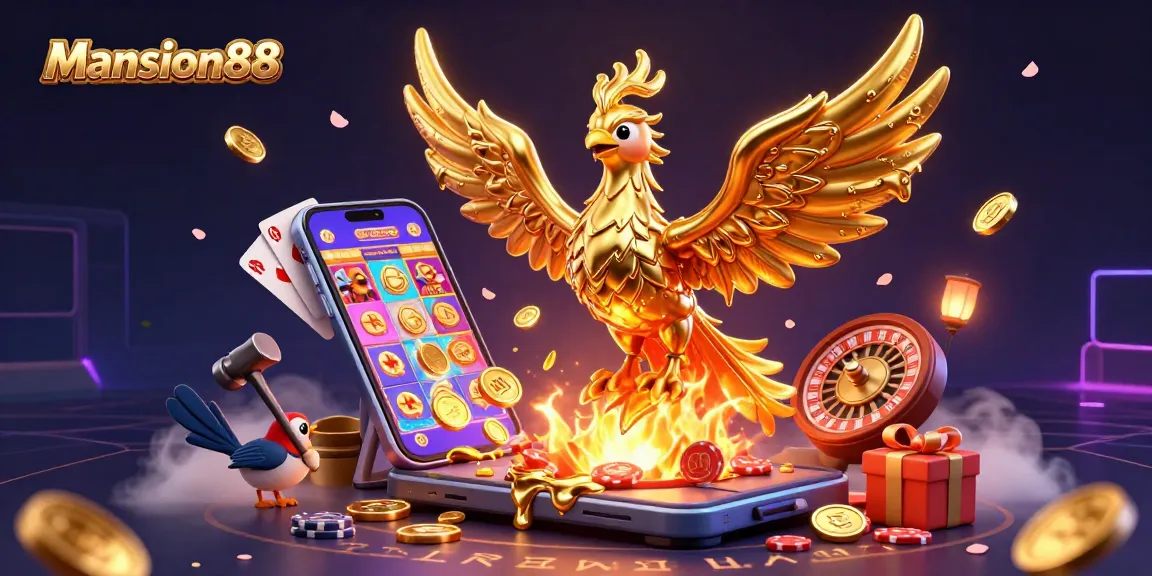 Mansion88 Phoenix rises with golden coins amidst an exciting Asian online casino scene featuring dynamic gambling elements.
