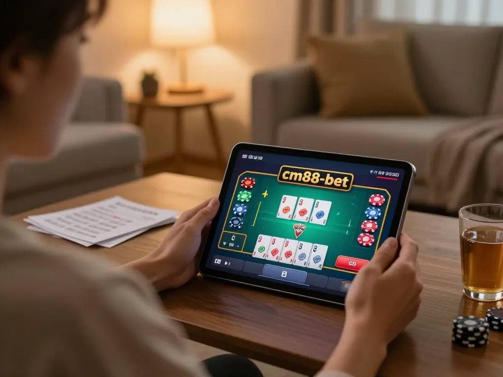 Engaging in cm88-bet poker online with vibrant cards and chips in cozy home setup.