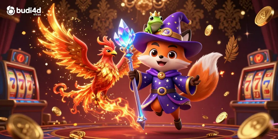 Budi4d situs transforms gaming with a vibrant mystical scene featuring a wizard fox, phoenix, and enchanted elements.