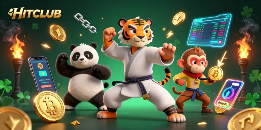 HITCLUB features a kung fu tiger master and panda disciple in a dynamic casino scene with Bitcoin and Ethereum elements.